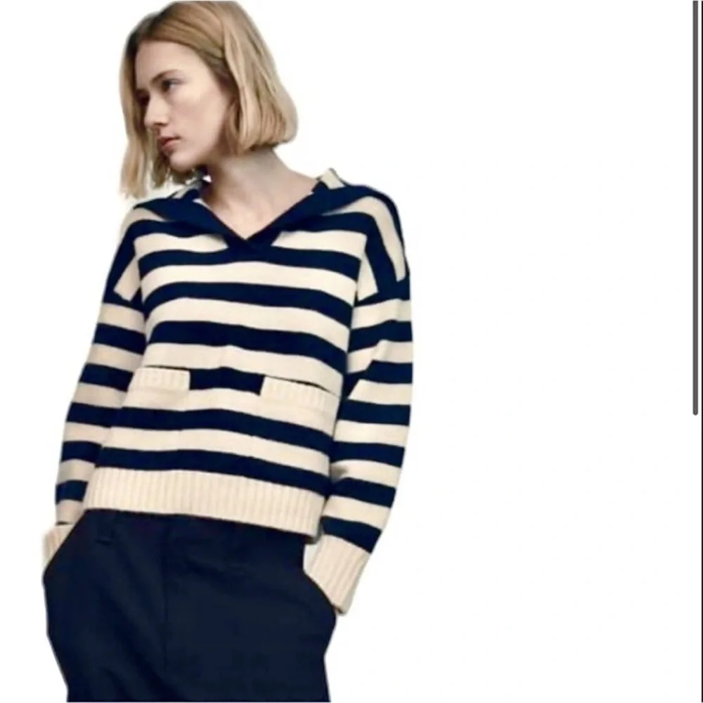 Zara Striped Sailor Collar Nautical sweater Cream Navy Oversized Cropped XS - Picture 2 of 6